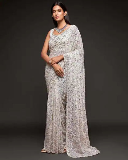 White Pure Chiffon Sequins Embroidery Work Ready to Wear Saree 