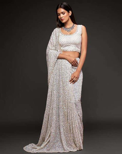 White Pure Chiffon Sequins Embroidery Work Ready to Wear Saree 