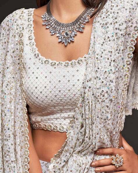 White Pure Chiffon Sequins Embroidery Work Ready to Wear Saree 