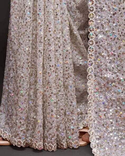 White Pure Chiffon Sequins Embroidery Work Ready to Wear Saree 