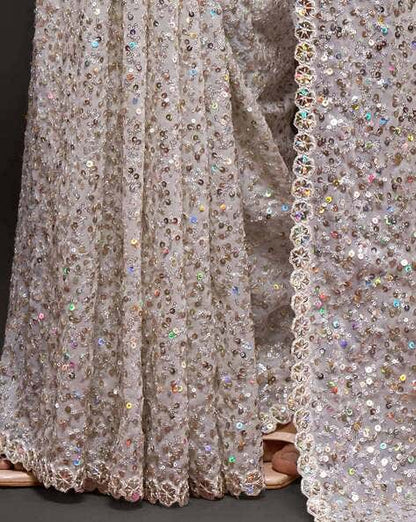 White Pure Chiffon Sequins Embroidery Work Ready to Wear Saree 
