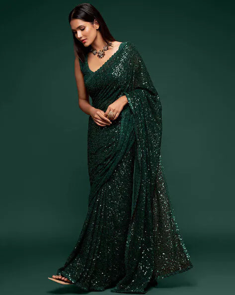 Green Pure Chiffon Sequins Embroidery Work Ready to Wear Saree 