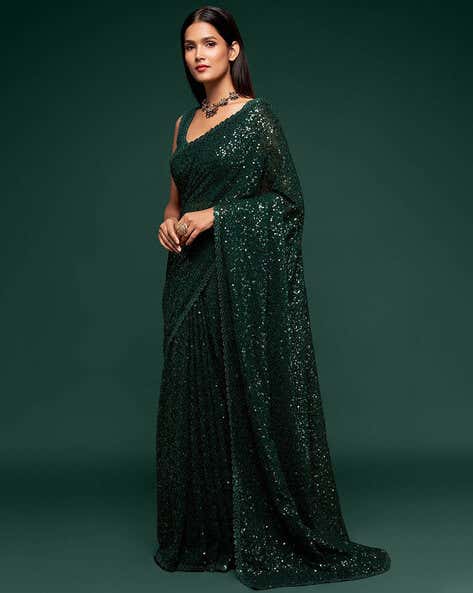 Green Pure Chiffon Sequins Embroidery Work Ready to Wear Saree 