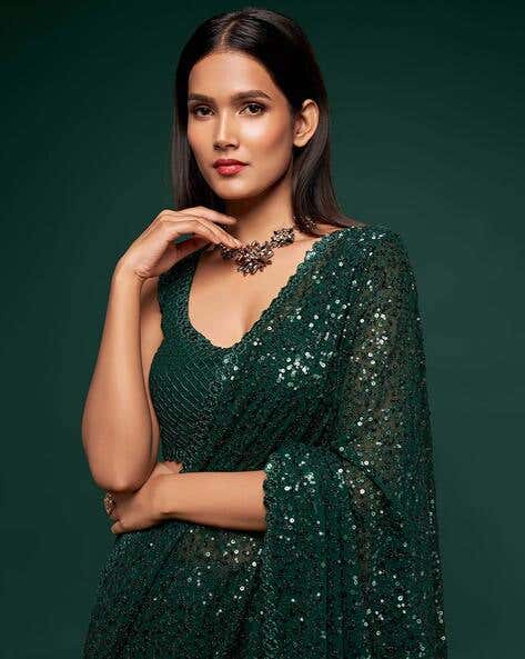 Green Pure Chiffon Sequins Embroidery Work Ready to Wear Saree 