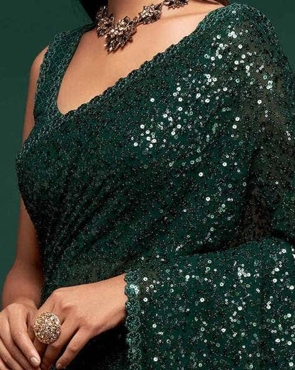 Green Pure Chiffon Sequins Embroidery Work Ready to Wear Saree 