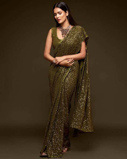 Olive Pure Chiffon Sequins Embroidery Work Ready to Wear Saree 