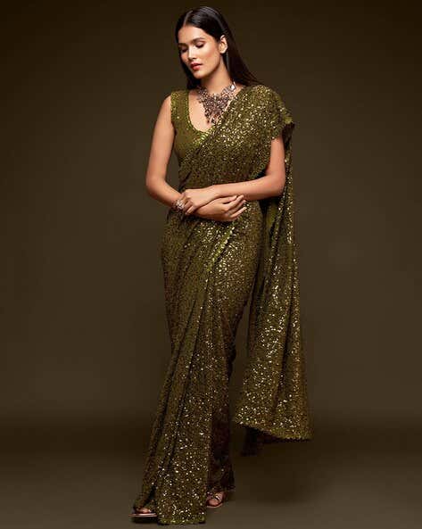 Olive Pure Chiffon Sequins Embroidery Work Ready to Wear Saree ##color## Chiffon Sarees with premium fabric and embroidery