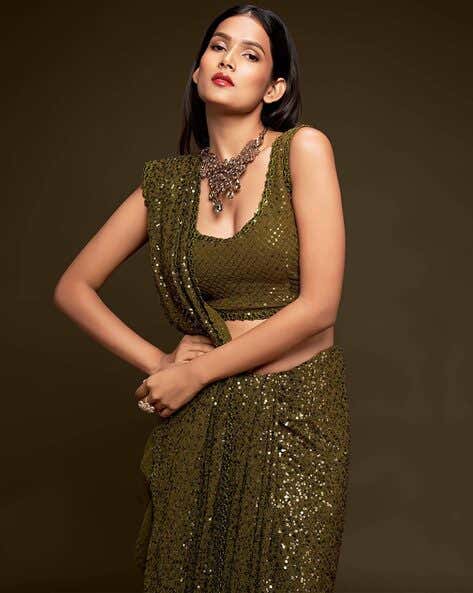 Olive Pure Chiffon Sequins Embroidery Work Ready to Wear Saree 