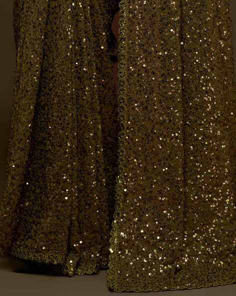 Olive Pure Chiffon Sequins Embroidery Work Ready to Wear Saree 