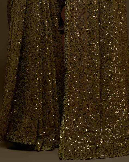 Olive Pure Chiffon Sequins Embroidery Work Ready to Wear Saree 