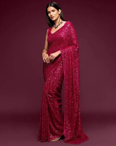 Pink Pure Chiffon Sequins Embroidery Work Ready to Wear Saree 