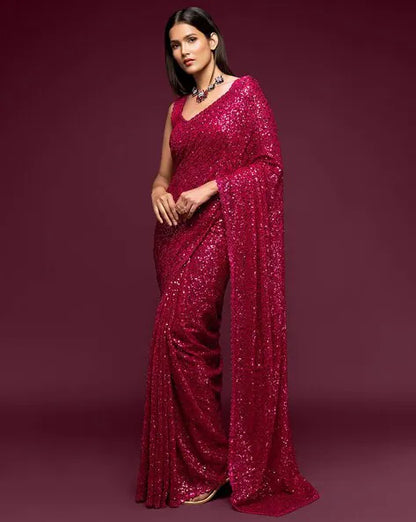 Pink Pure Chiffon Sequins Embroidery Work Ready to Wear Saree 