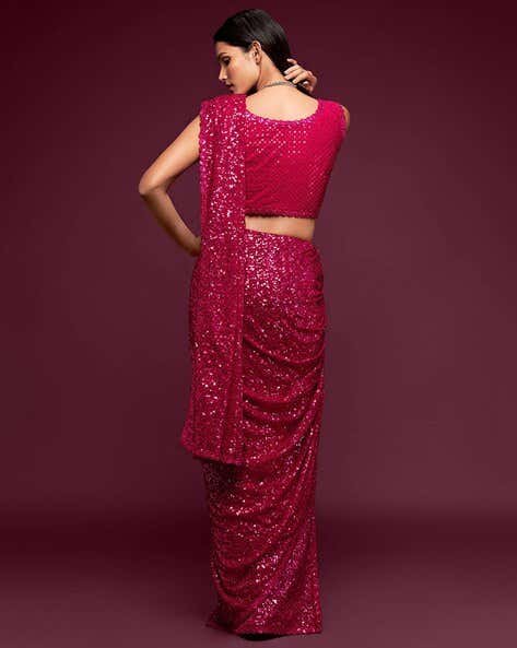 Pink Pure Chiffon Sequins Embroidery Work Ready to Wear Saree 