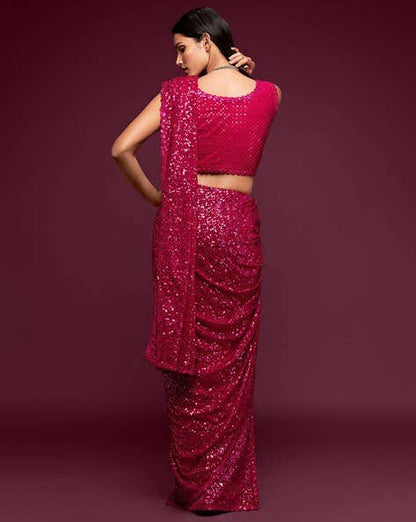 Pink Pure Chiffon Sequins Embroidery Work Ready to Wear Saree 