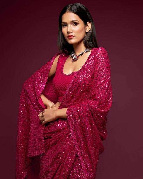 Pink Pure Chiffon Sequins Embroidery Work Ready to Wear Saree ##color## Chiffon Sarees with premium fabric and embroidery