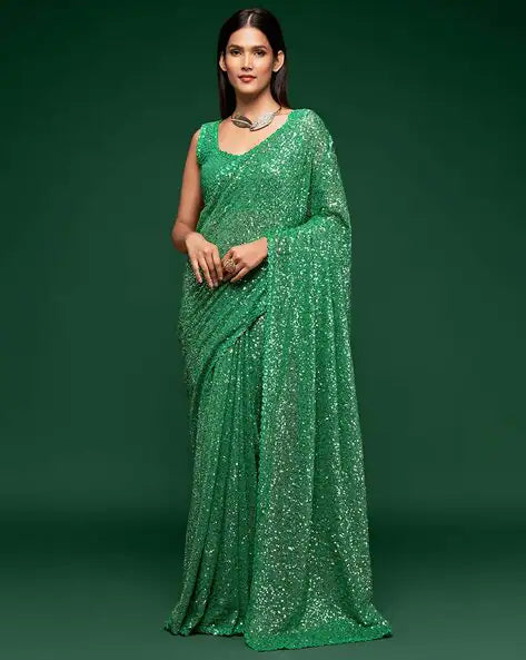 Meet Green Pure Chiffon Sequins Embroidery Work Ready to Wear Saree 