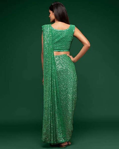 Meet Green Pure Chiffon Sequins Embroidery Work Ready to Wear Saree 