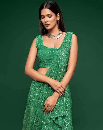 Meet Green Pure Chiffon Sequins Embroidery Work Ready to Wear Saree 