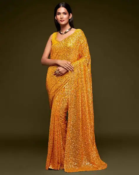 Yellow Pure Chiffon Sequins Embroidery Work Ready to Wear Saree 
