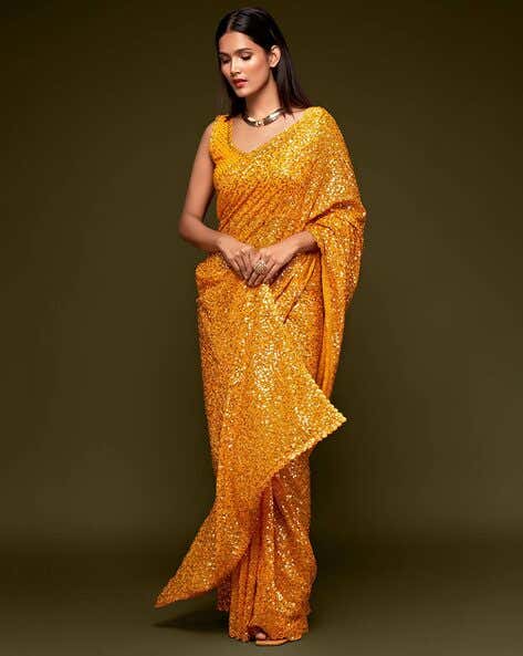 Yellow Pure Chiffon Sequins Embroidery Work Ready to Wear Saree ##color## Chiffon Sarees with premium fabric and embroidery