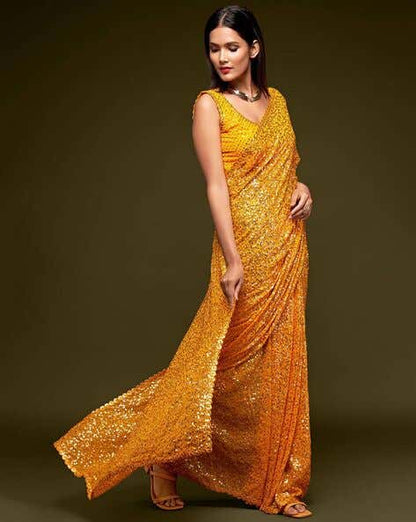 Yellow Pure Chiffon Sequins Embroidery Work Ready to Wear Saree 