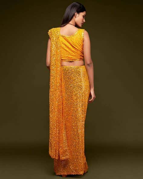 Yellow Pure Chiffon Sequins Embroidery Work Ready to Wear Saree 