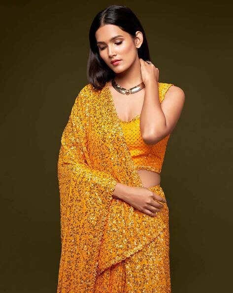 Yellow Pure Chiffon Sequins Embroidery Work Ready to Wear Saree 