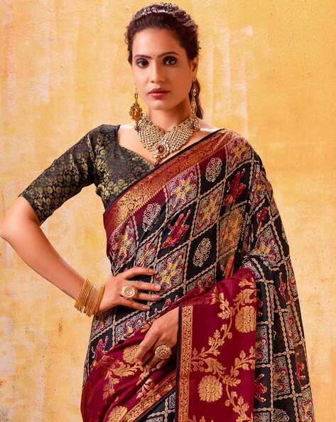 Black Pure Maslin Jeqard Silk Patan Patola Silk Saree 