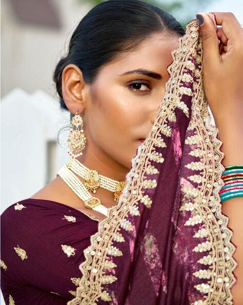 Megenta Pure Velvet Chiffon With Embroidery Work Chiffon Saree 
