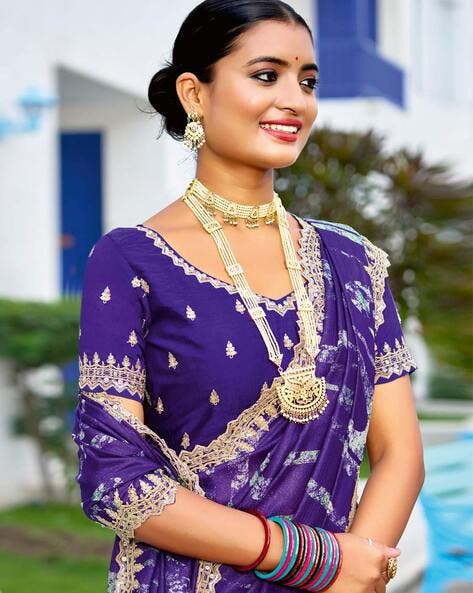 Purple Pure Velvet Chiffon With Embroidery Work Chiffon Saree 
