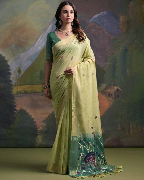 Green Pure Soft Munga Handloom Weaving Cotton Saree