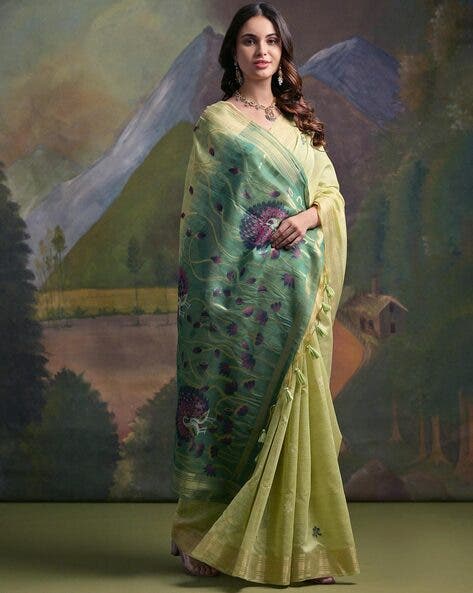 Green Pure Soft Munga Handloom Weaving Cotton Saree