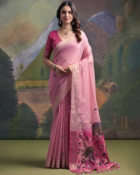 Pink Pure Soft Munga Handloom Weaving Cotton Saree