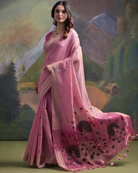 Pink Pure Soft Munga Handloom Weaving Cotton Saree