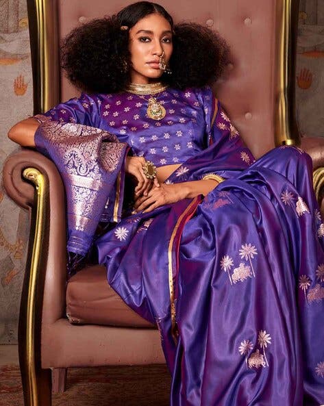 Purple Pure Satin Handloom Weaving Saree 