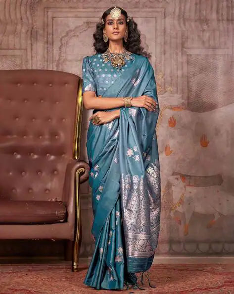 Teal Blue Pure Satin Handloom Weaving Saree 