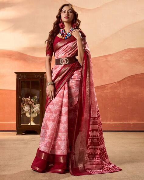 Gajri Pink Pure Soft Cotton Blend Printed Saree 