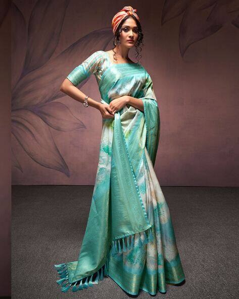 Water Blue Pure Banarasi Handloom Digital Printed Silk Saree 
