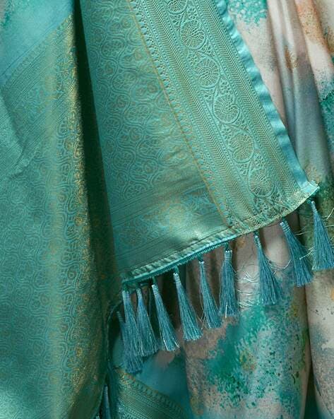 Water Blue Pure Banarasi Handloom Digital Printed Silk Saree 
