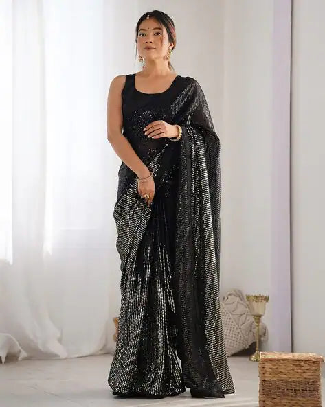 Black Pure Heavy Georgette Sequins Saree