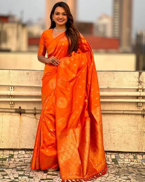 Orange Pure Soft Munga Silk Handloom Weaving Saree ##color## Moonga Silk Saree with premium fabric and embroidery