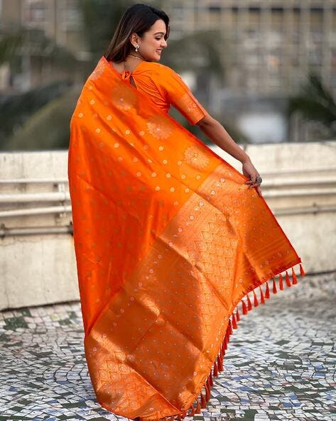 Orange Pure Soft Munga Silk Handloom Weaving Saree 