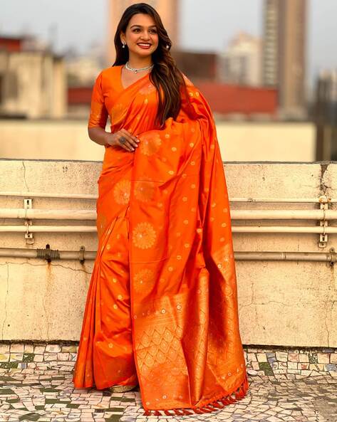 Orange Pure Soft Munga Silk Handloom Weaving Saree 