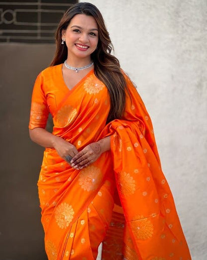 Orange Pure Soft Munga Silk Handloom Weaving Saree 