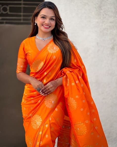 Orange Pure Soft Munga Silk Handloom Weaving Saree ##color## Moonga Silk Saree with premium fabric and embroidery