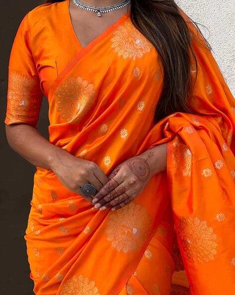 Orange Pure Soft Munga Silk Handloom Weaving Saree 