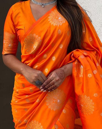 Orange Pure Soft Munga Silk Handloom Weaving Saree 