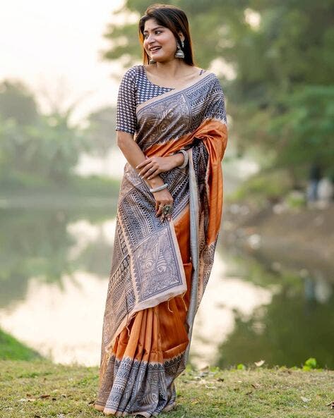 Mustard Pure Soft Tussar Silk Madhubani Saree