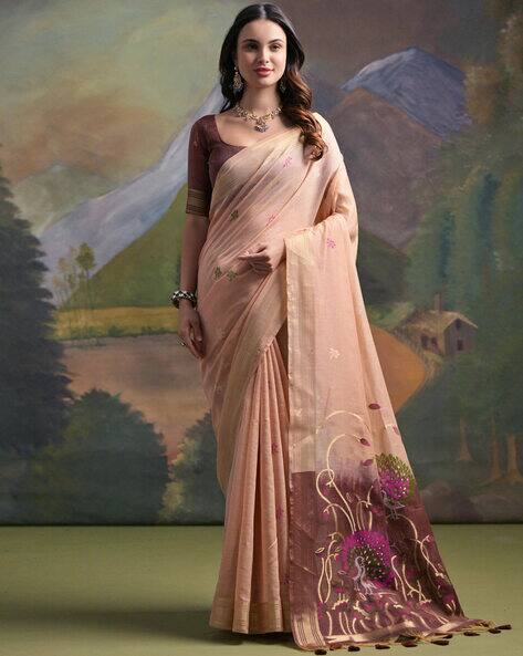 Light Peach Pure Soft Munga Handloom Weaving Cotton Saree