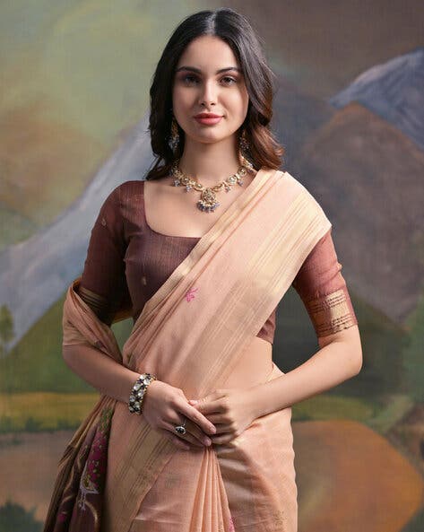 Light Peach Pure Soft Munga Handloom Weaving Cotton Saree